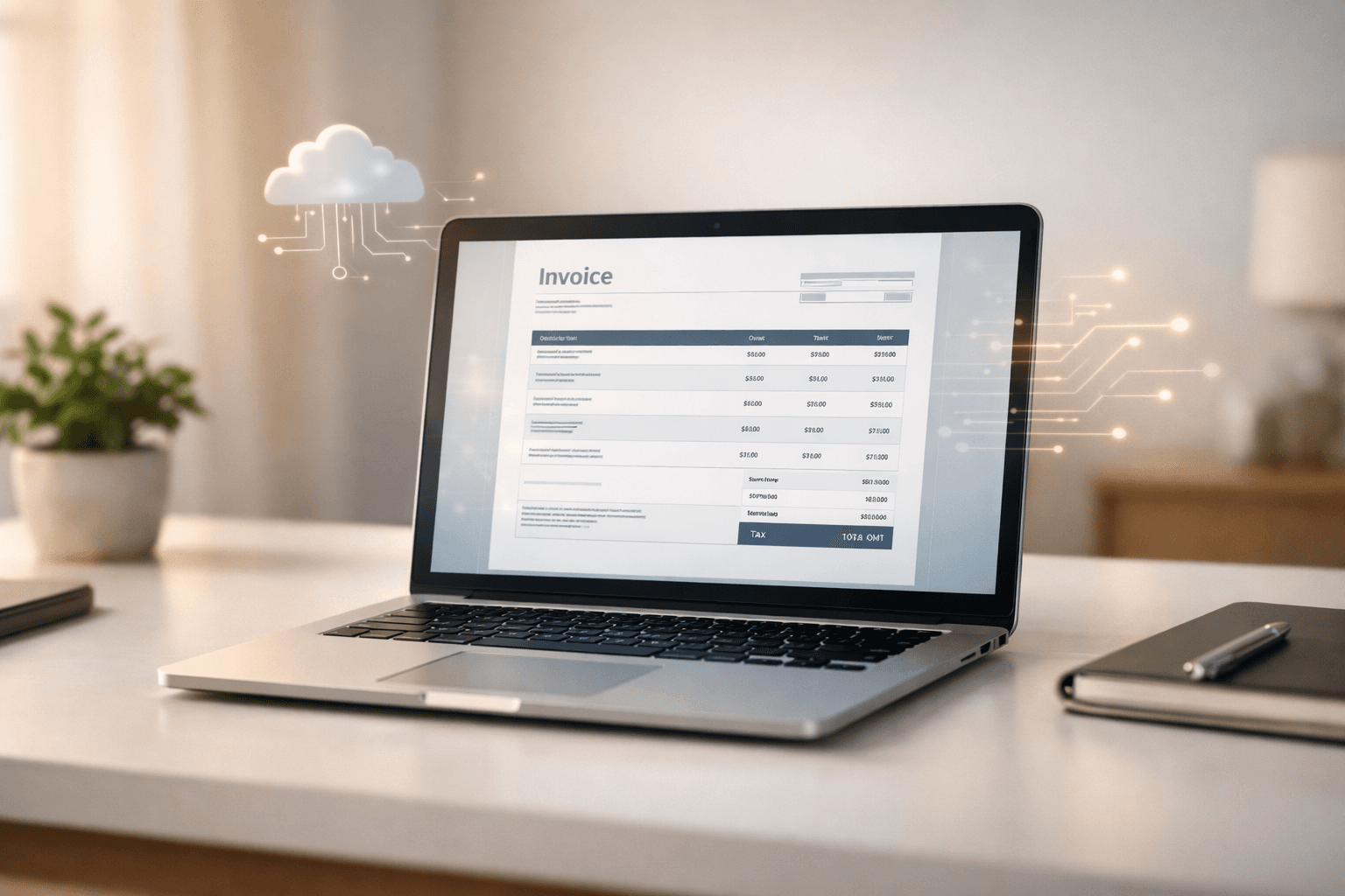 Ordinateur portable affichant une facture électronique sur un bureau moderne