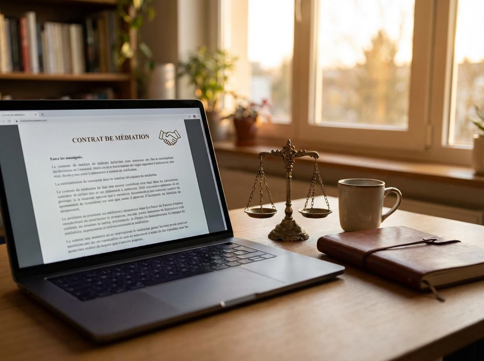 Bureau de professeur particulier avec un contrat et une balance de justice