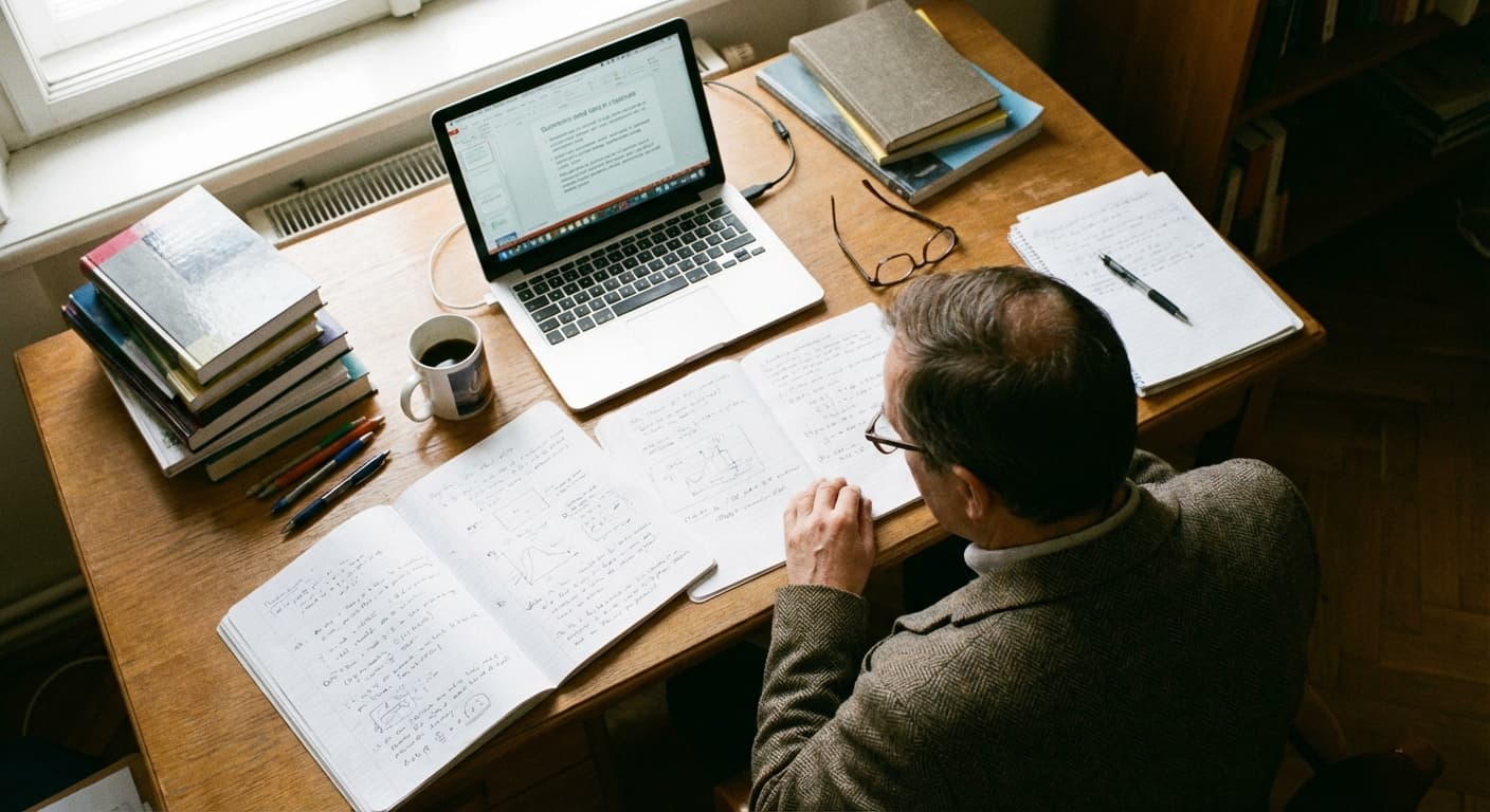 Professeur préparant un cours à son bureau avec des cahiers et un ordinateur