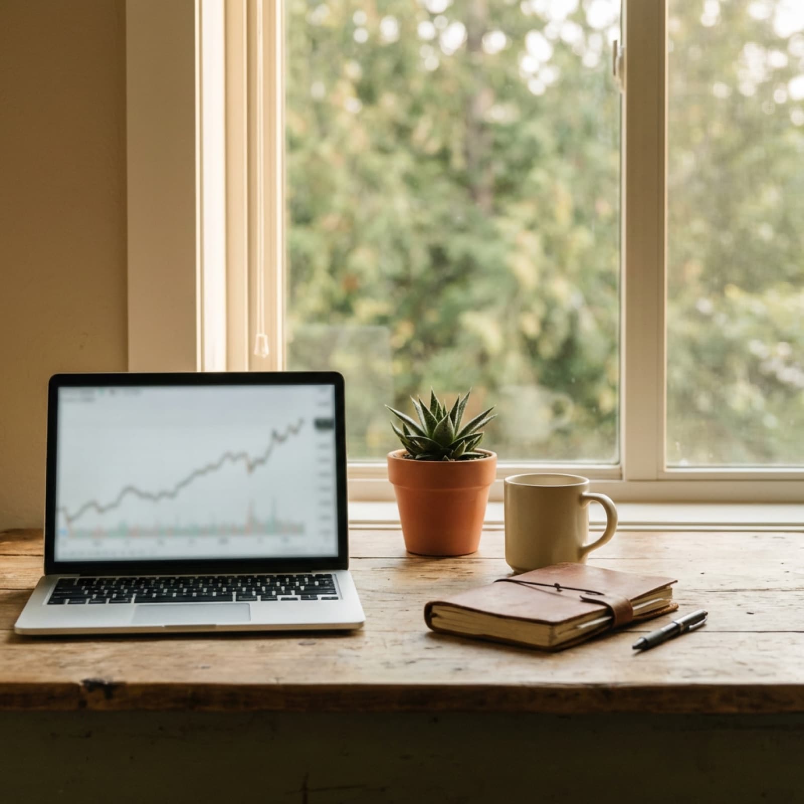 Ordinateur portable affichant un graphique, plante et carnet sur un bureau