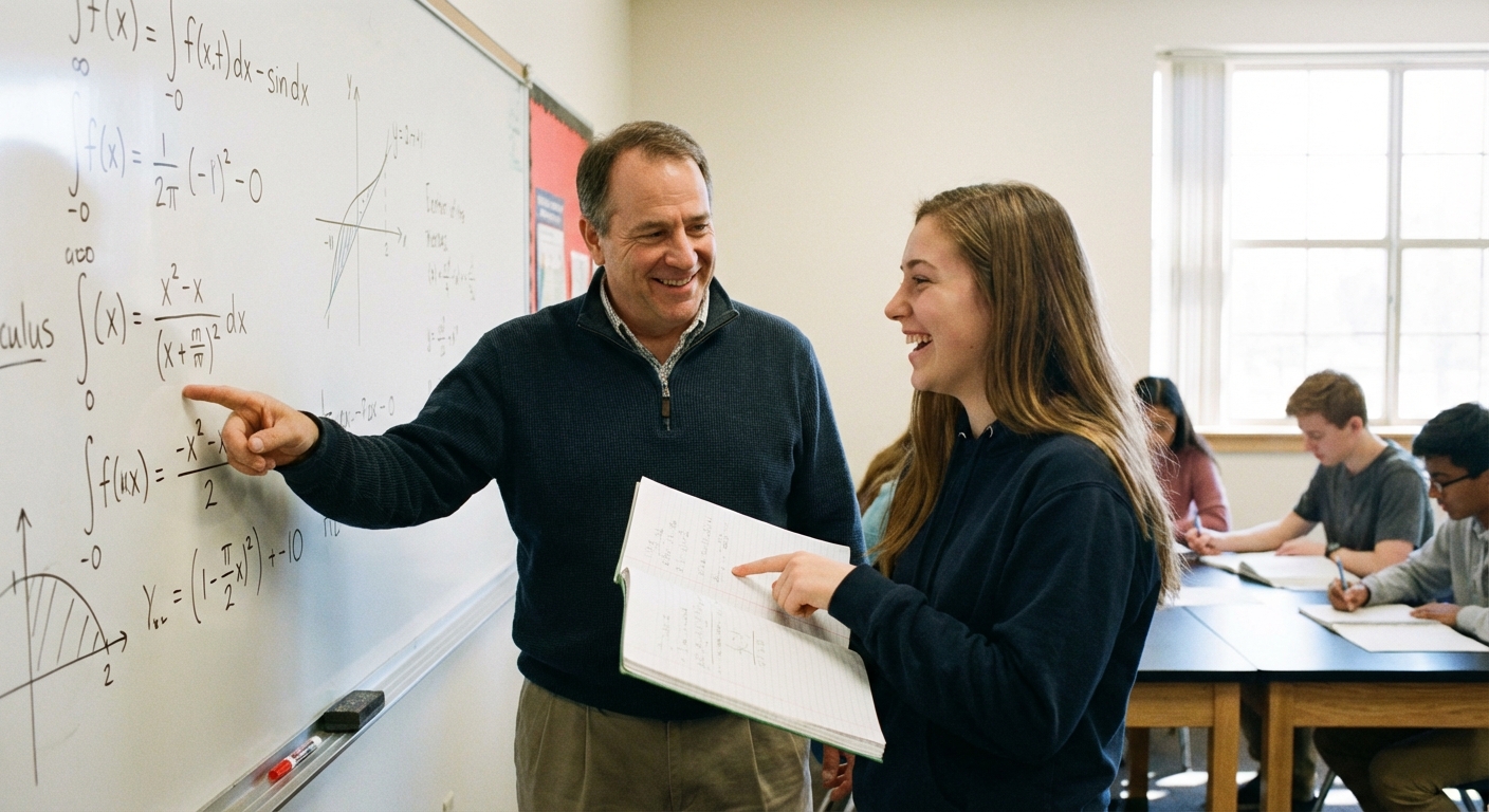 Professeur et élève devant un tableau blanc avec des formules de maths